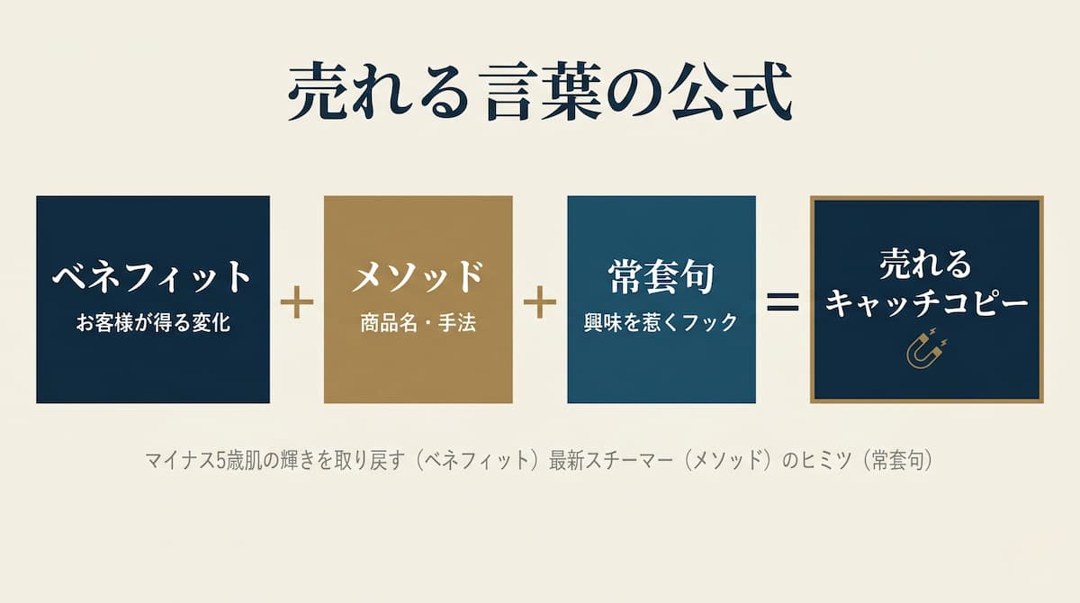 「言葉の公式」ベネフィット＋メソッド＋常套句の図解