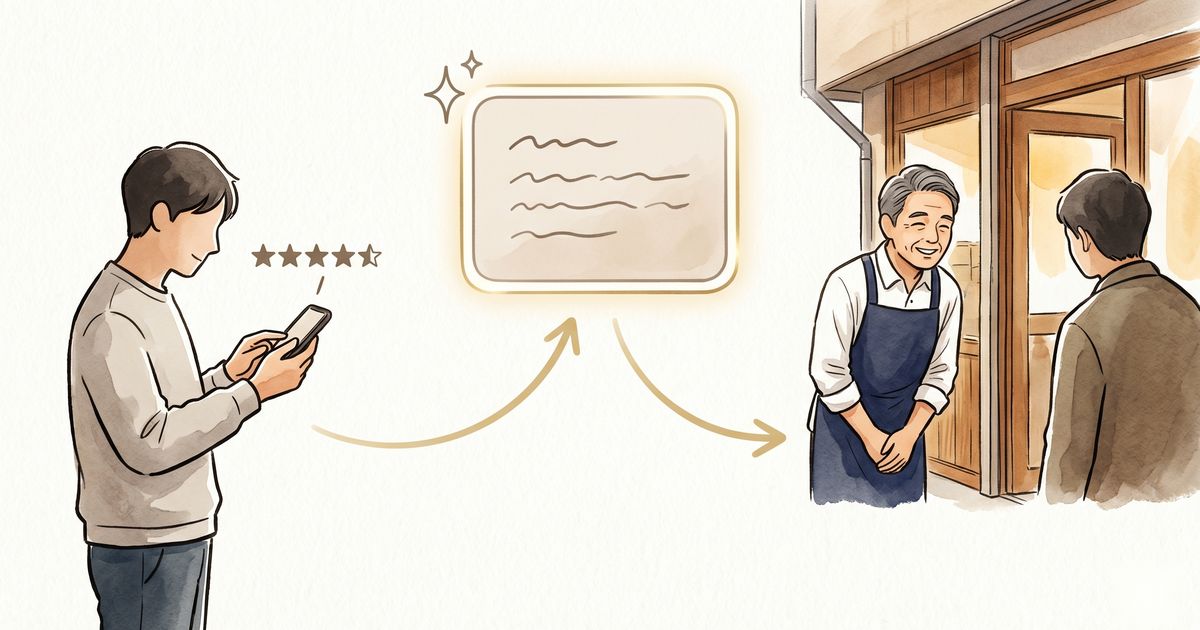 クチコミがAIに引用され、新しいお客様の来店につながる循環の図解