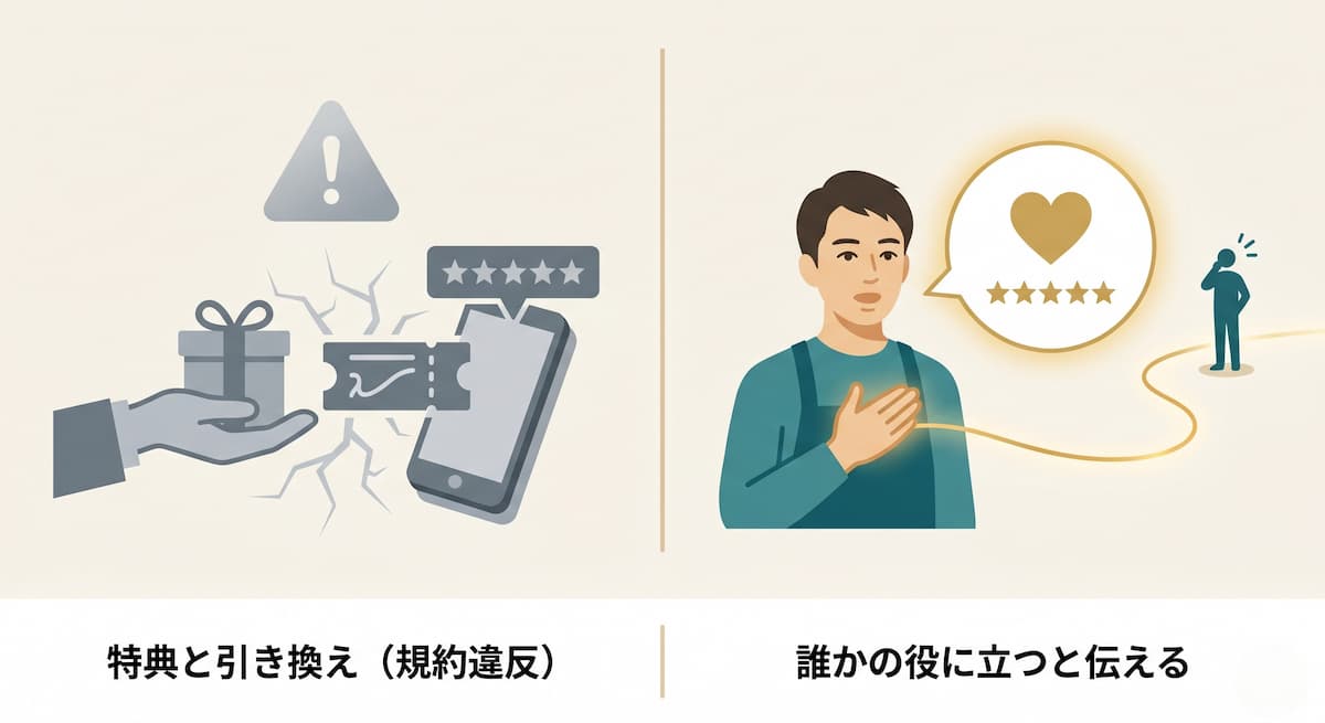 特典と引き換えのクチコミ依頼（規約違反）と、「誰かの役に立つ」と伝える正しい依頼の比較図解