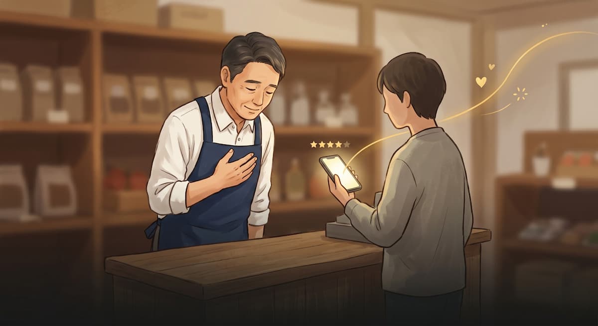 店主が胸に手を当てて誠実にクチコミをお願いし、お客様のスマホから誰かを導く光が伸びるイラスト