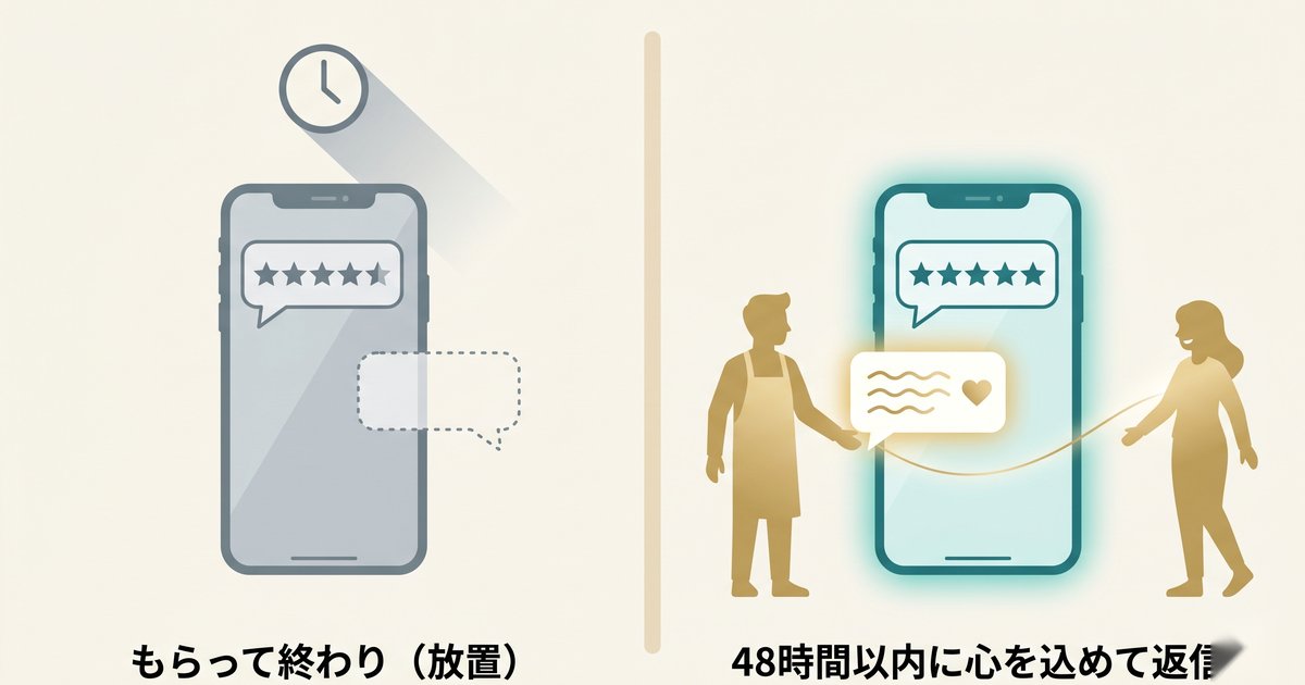 クチコミをもらって放置した場合と、48時間以内に心を込めて返信した場合の違いを示す比較図解