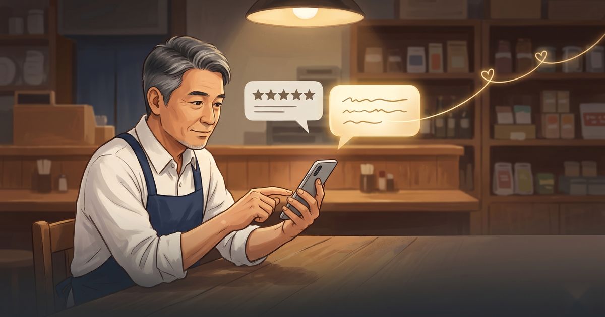 閉店後の店内で、店主がスマートフォンに心を込めてクチコミへの返信を打つイラスト