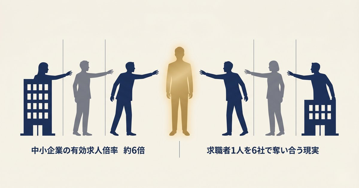 中小企業6社のシルエットが1人の求職者を囲む図解。有効求人倍率約6倍を視覚化
