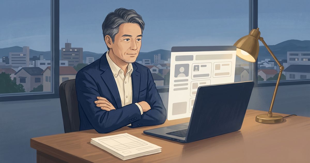 50代の経営者がデスクでパソコンを前に腕組みして考え込むイラスト。採用の悩みを思案する姿