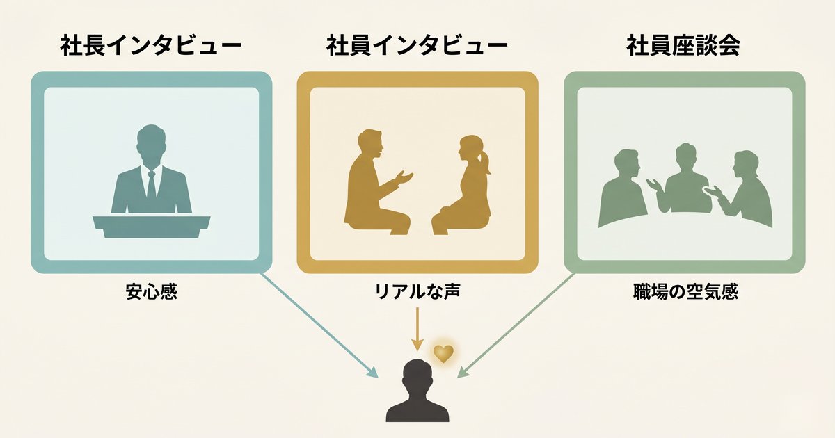 社長インタビュー・社員インタビュー・社員座談会の3本が求職者の応募意欲を高める役割分担を示す図解