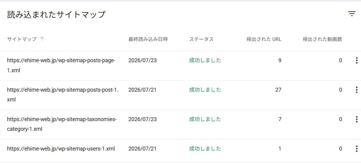 再送信後、固定ページ用の分冊が「成功・9件」に回復したサイトマップの画面