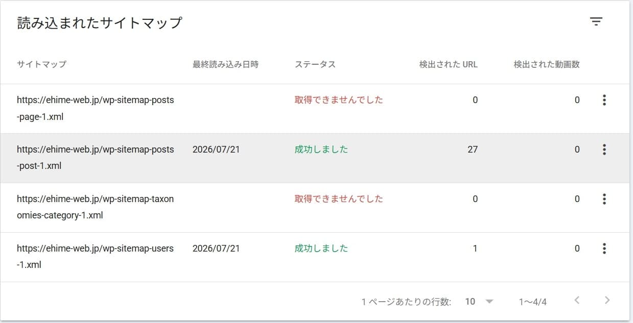 固定ページ用の分冊だけが「取得できませんでした・0件」になっているサイトマップの画面